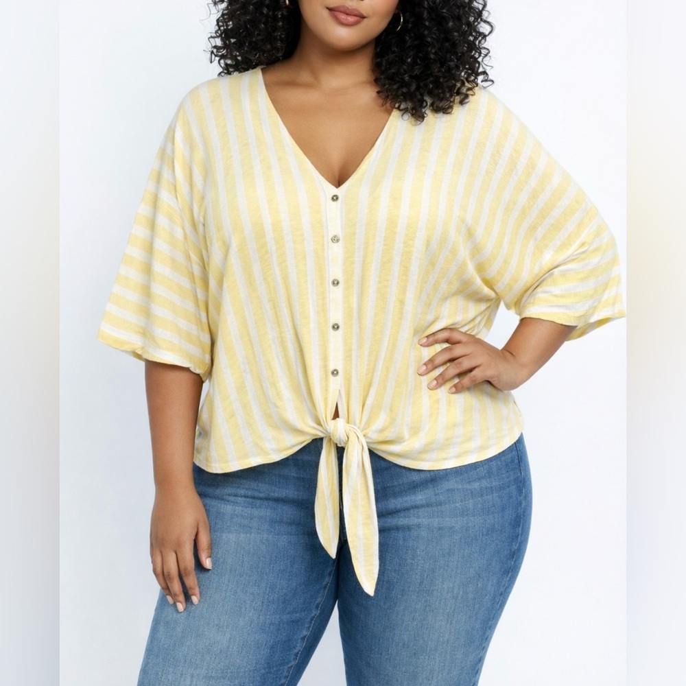 MICHAEL Michael Kors Yellow/White Sunbeam Striped Tie-Front Linen Blend Top XXL